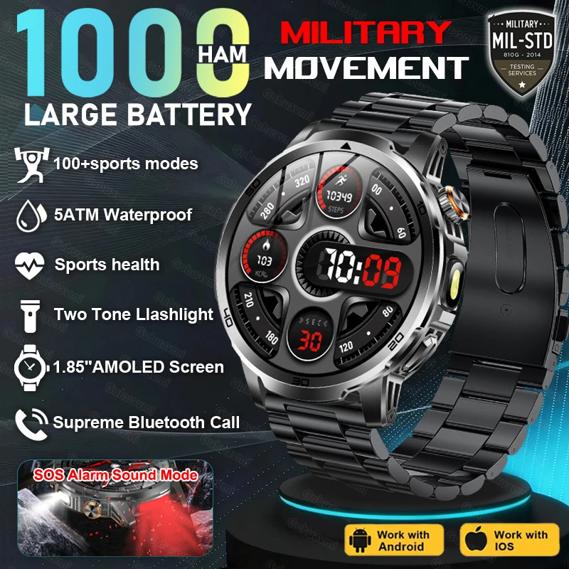 

Смарт-часы для активного отдыха с аккумулятором 1000 мАч, водонепроницаемые IP68, с Bluetooth-звонками, AMOLED HD-экран 1.85 дюйма, для мужчин, новинка 2026 года