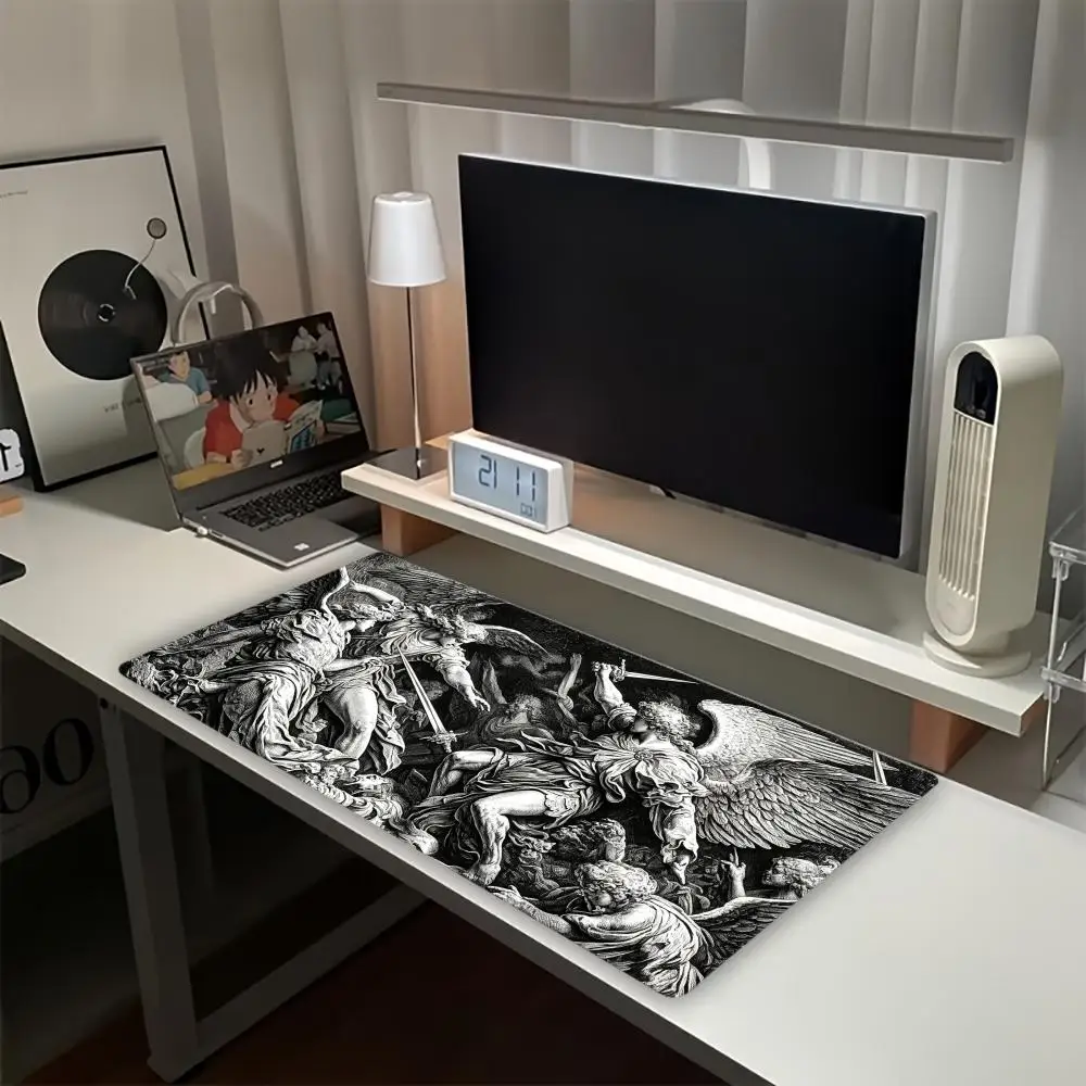 Vintage Angel Warrior Print Large Gaming Mousepad Non-slip Rubber Base Stitched Edge Office Desktop Decor Workstation Surface