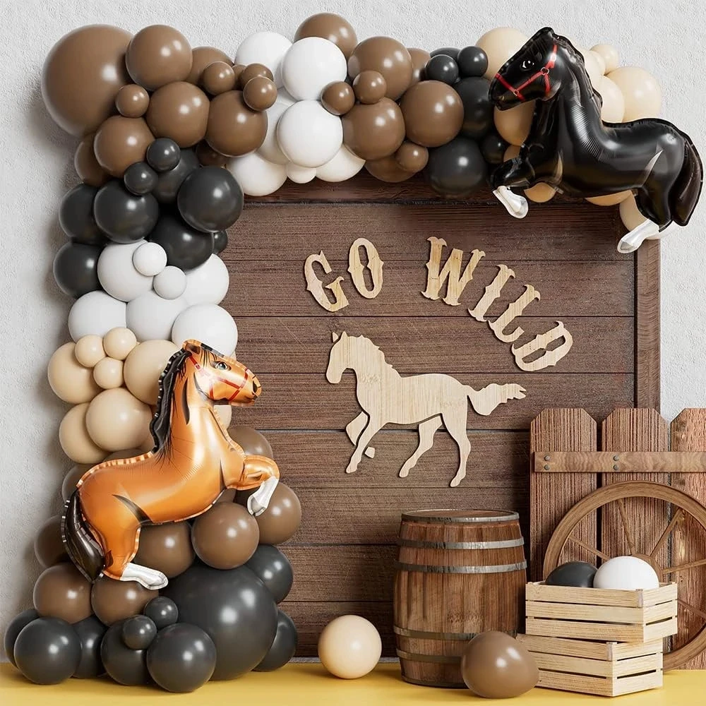 

126pcs Horse Racing Balloon Garland Arch Kit Black White Blush Brown Balloons for Western Cowboy Party Wild Birthday Decorations