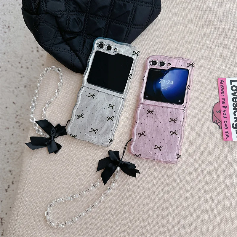 Creative Bow Pearl Chain Phone Case for Samsung Galaxy Z Flip 6 5 4 3 Protective Back Cover for ZFlip4 ZFlip5 ZFlip6 Case Shell