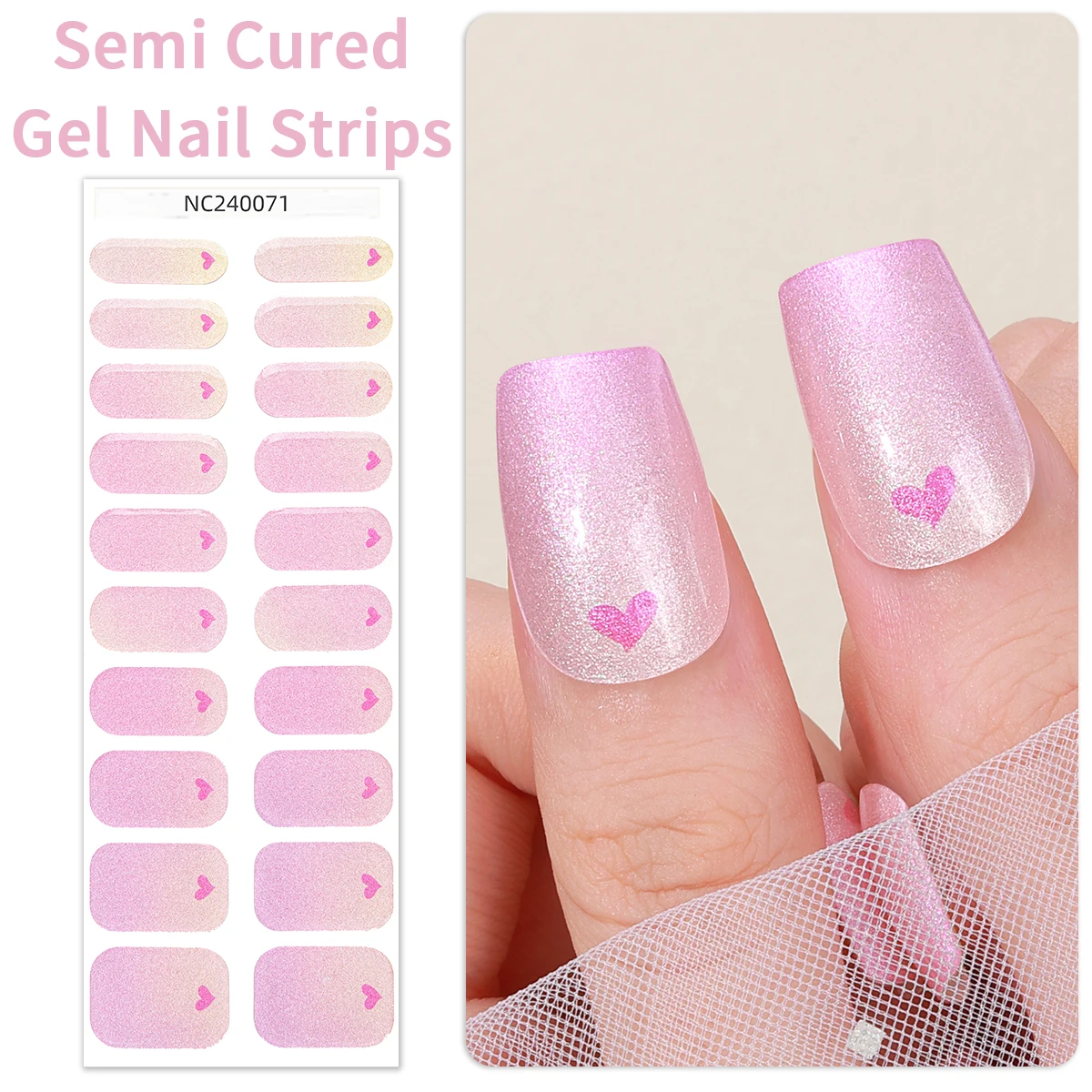 

20Tips Valentine Love Semi Cured Gel Nail Strips Sparkly Heart Gel Nail Wraps Long-Lasting Full Cover Gel Sticker Nail Decor