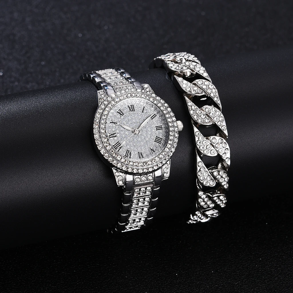 2 stks Luxe Vrouwen Diamanten Horloges Hip Hop Armband Dames Quartz Horloge Rose Goud Dames Horloge Glanzend Kristal Reloj Mujer