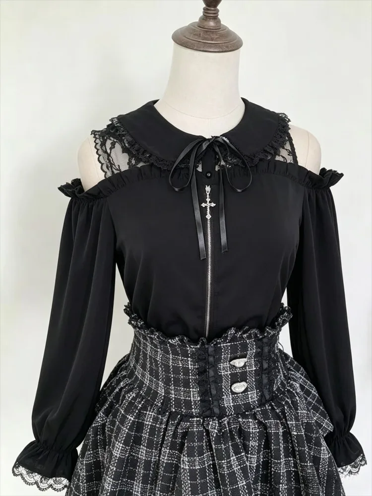 Süße JK-Bluse für Damen, Japanischer Kawaii-Lolita-Stil 2026, Harajuku-Spitzen-Patchwork mit Schleife, Leichtes Freizeithemd, Niedliche Lockere Passform für den Alltag