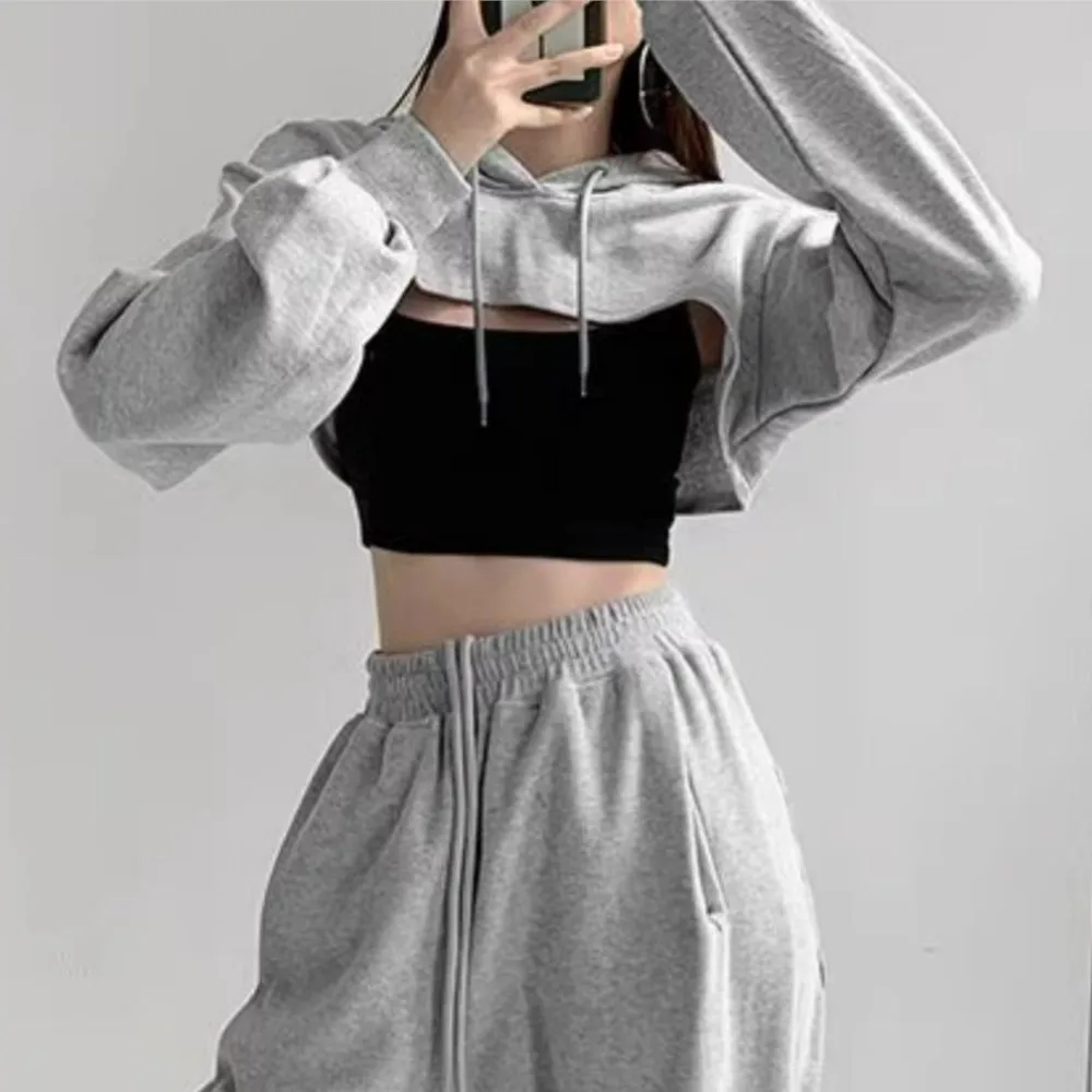 

Autumn Rope Hooded Long Sleeve Hoodies Extra Cropped Sweatshirt Cape Women High Waist Casual Jumper Short Sweats Gray White