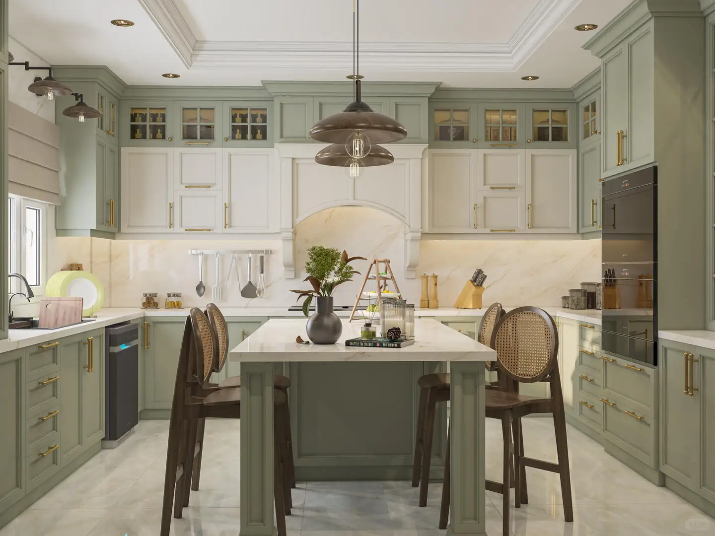 Light Green Solid Wood Kitchen Cabinet Eco-Friendly Natural Wood Color Kitchen Storage Furniture