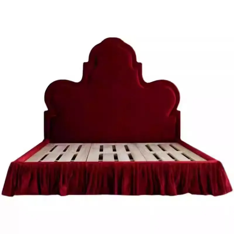 Mit Matratze Schlafzimmer-Set Möbel/Französisches Klassisches Luxuriöses Retro Rotes Stoff Prinzessinnen-Holz-Doppelbett Queen King Size Bettgestell