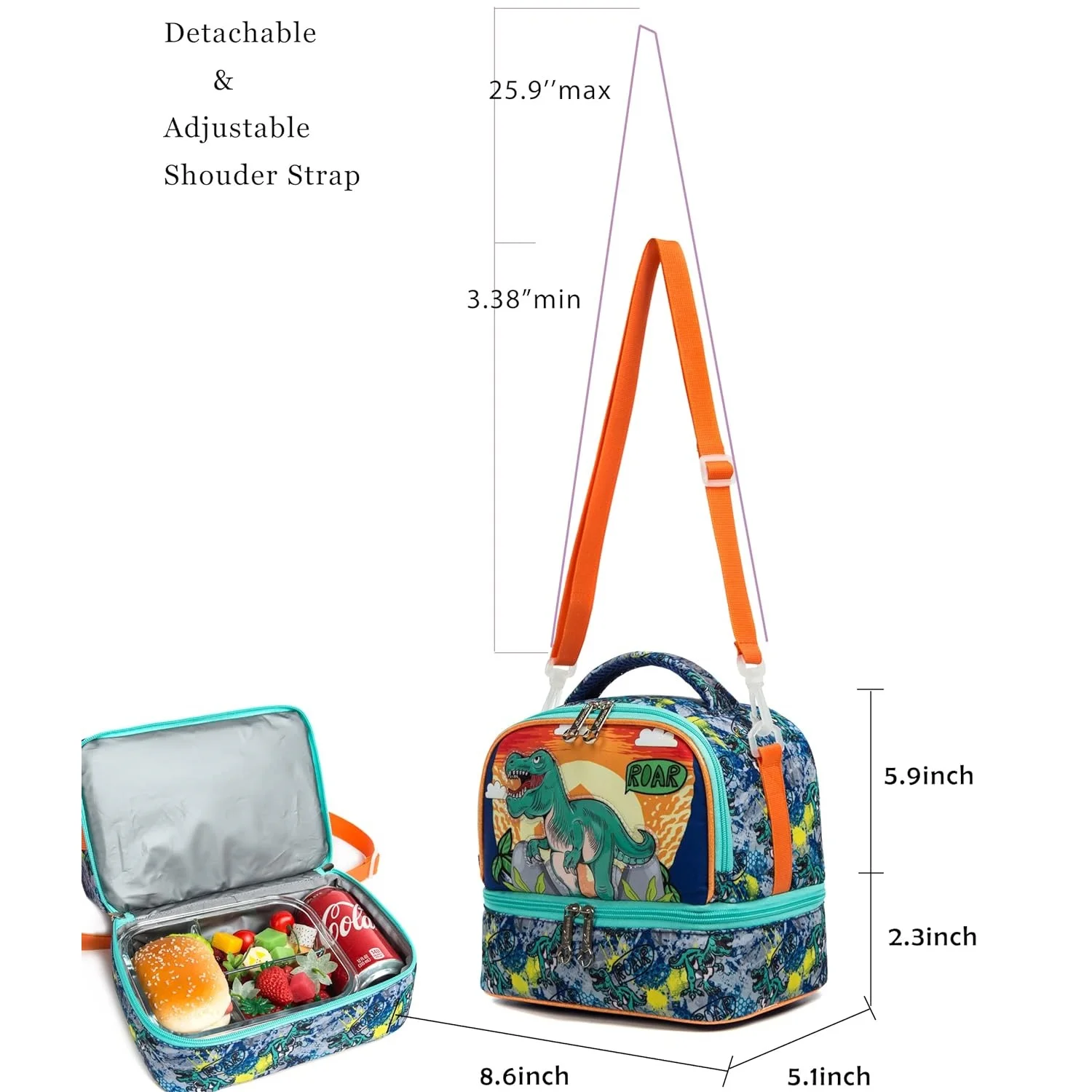 Kids Lunch Bag Insulated Bento Cooler Bag Two Compartment Cooler for Boy Girls Lunch Box with Adjustable Strap Travel Lunch Tote