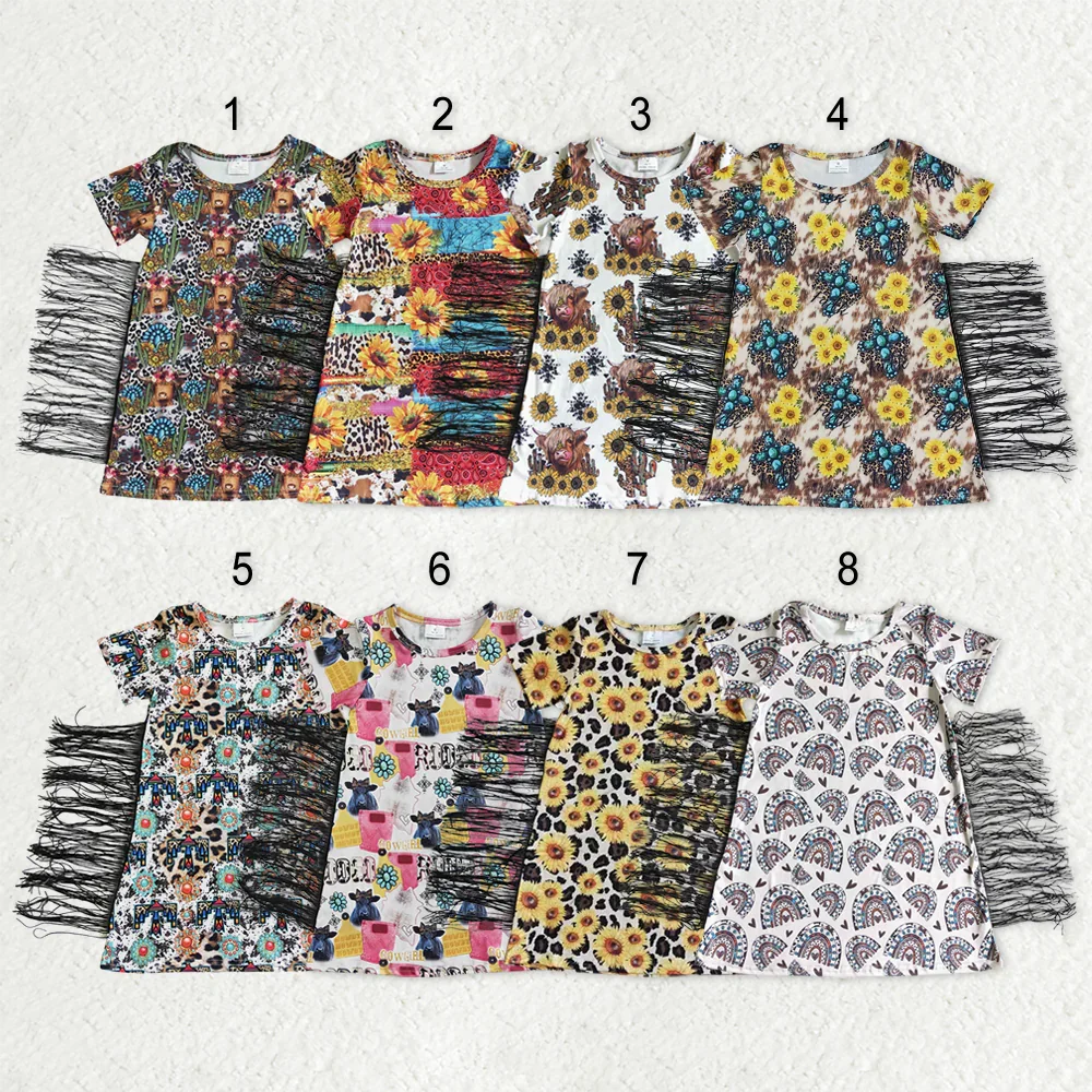 z920-14 GSD0090 Summer promotion baby dresses Matching Girls Short Sleeve Tassel Dress Wholesale kids clothes girls summer dress