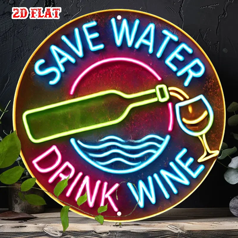 2D Flat Round Plaque Promoting Conservation, Featuring Wine-Themed Wall Decor, Bottle Designs, Neon Signage, And Retro Art