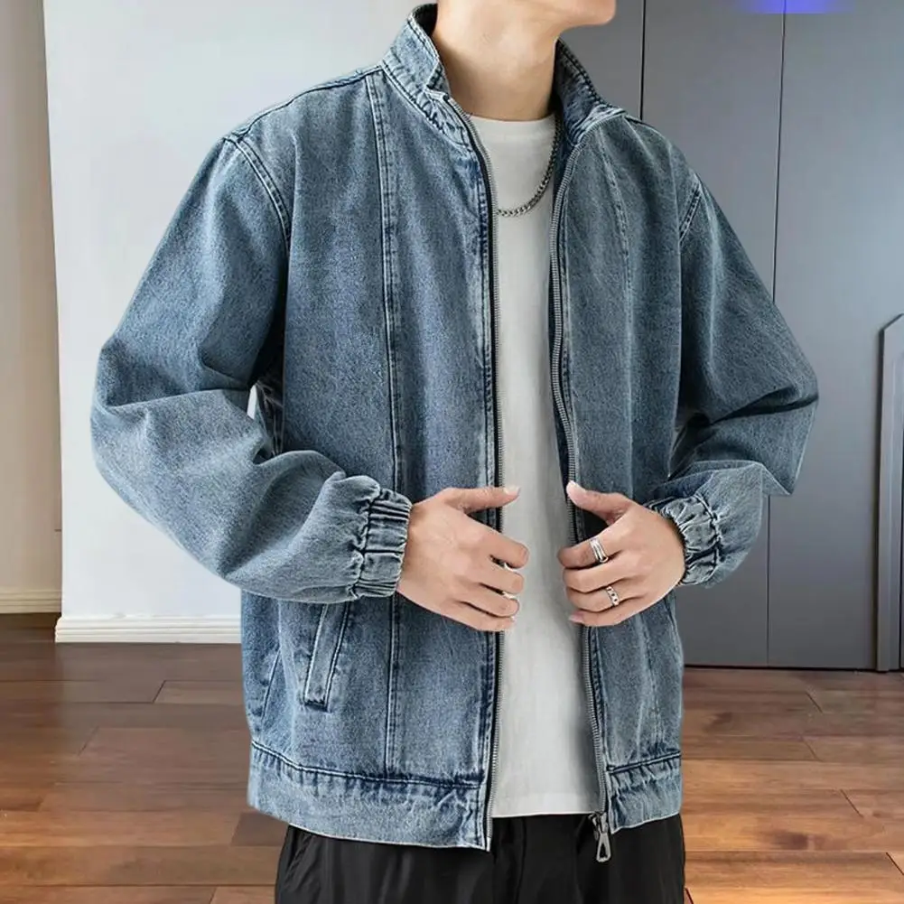 

Autumn Denim Jacket Denim Coat Men Versatile Men's Denim Jacket Lapel Long Sleeve Coat with Pockets Zipper Placket Loose Fit