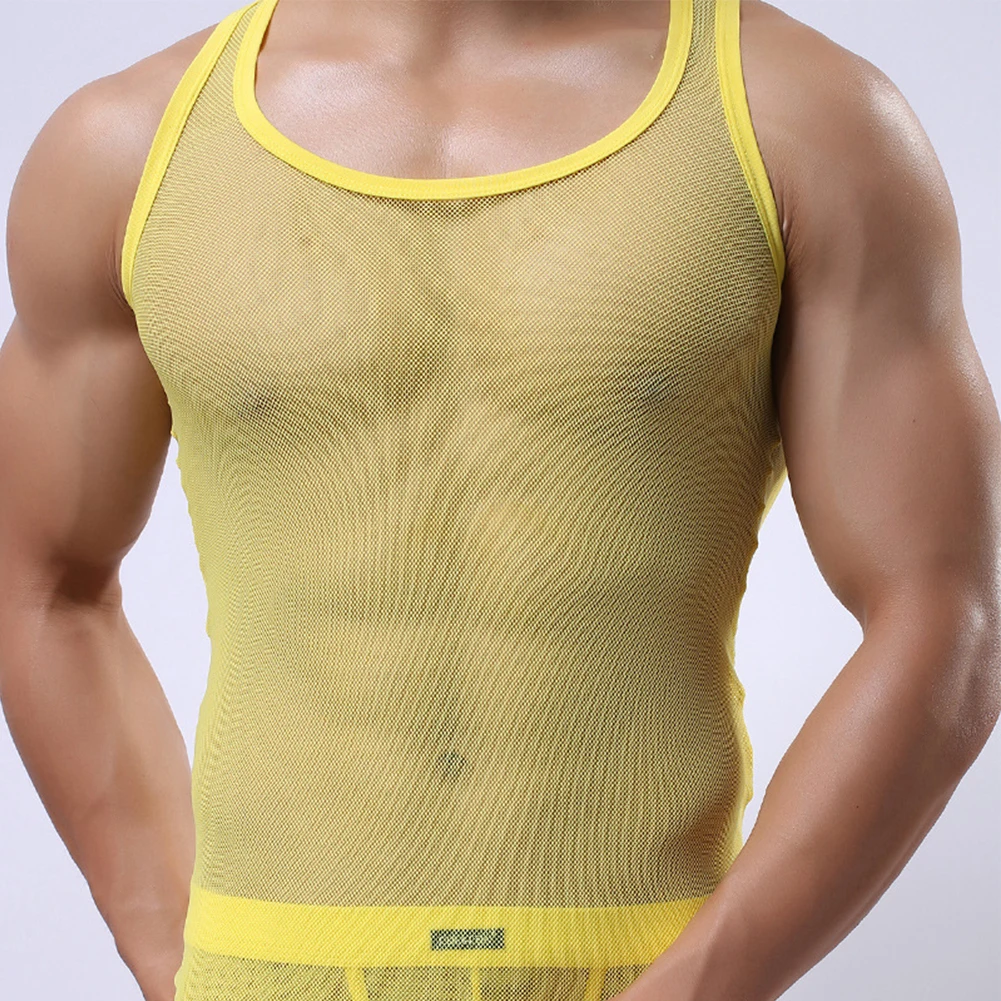 Sexy Men\\\'s Mesh Tank Top T-shirt Transparent Fishing Net Fitness Training Sleeveless O-Neck Underwear Tank Top Men\\\'s Clothing