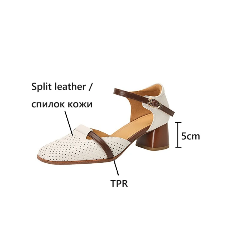 NEW Summer Women Sandals Split Leather Shoes for Women Square Toe Chunky Heel Shoes Plus Size Cover Toe Slingback Hollow Sandals