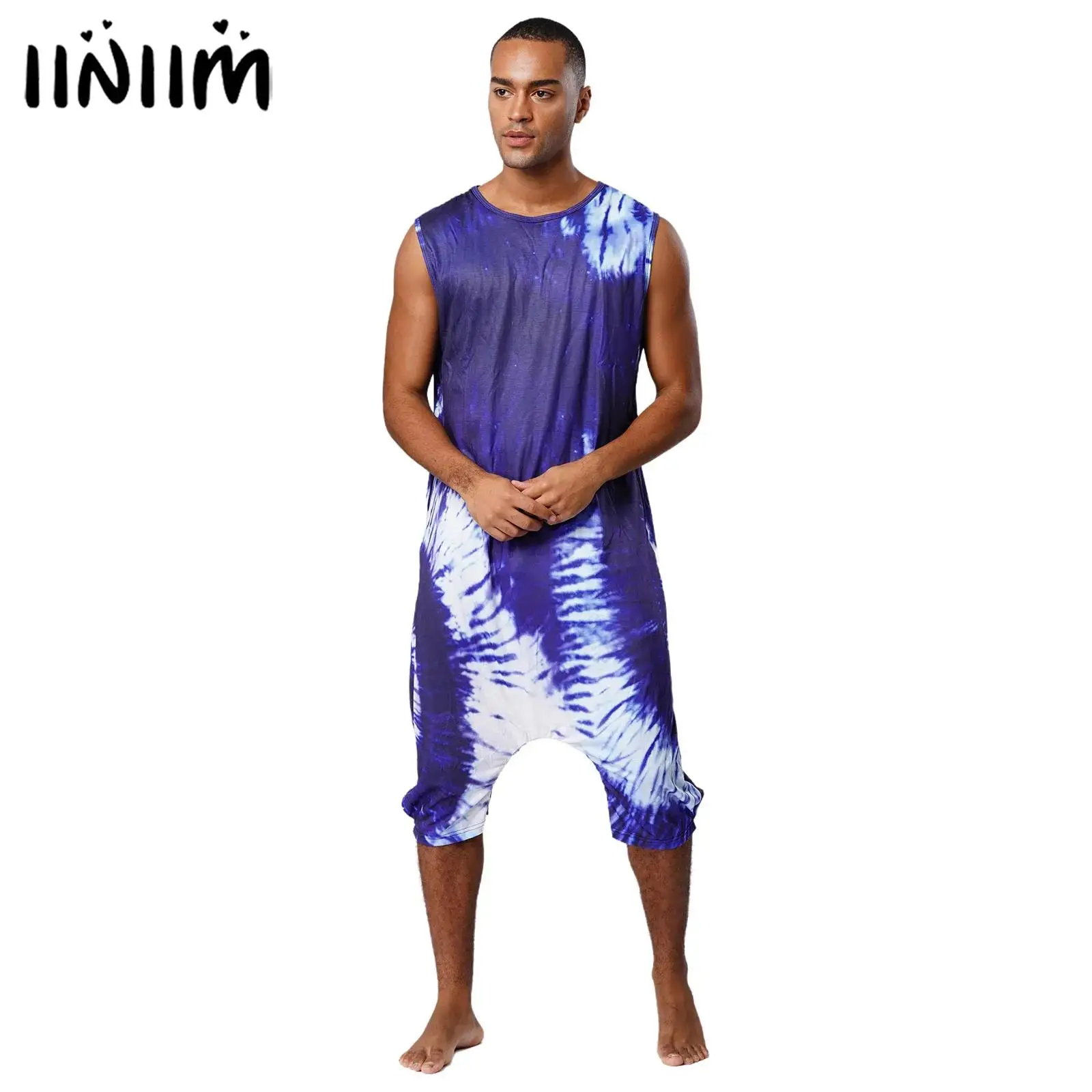 

Mens Zipper Crotch Pockets Sleep Pajamas Bodysuit Casual Print Rompers Sleeveless Jumpsuit Loose Loungewear Homewear Sleepwear