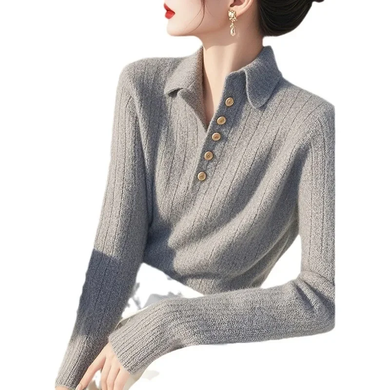 

Gray Polo Collar Knitted Sweater Women's Winter Slimming Inner Wear Long Sleeve Base Shirt Comfortable Soft Cotton Top