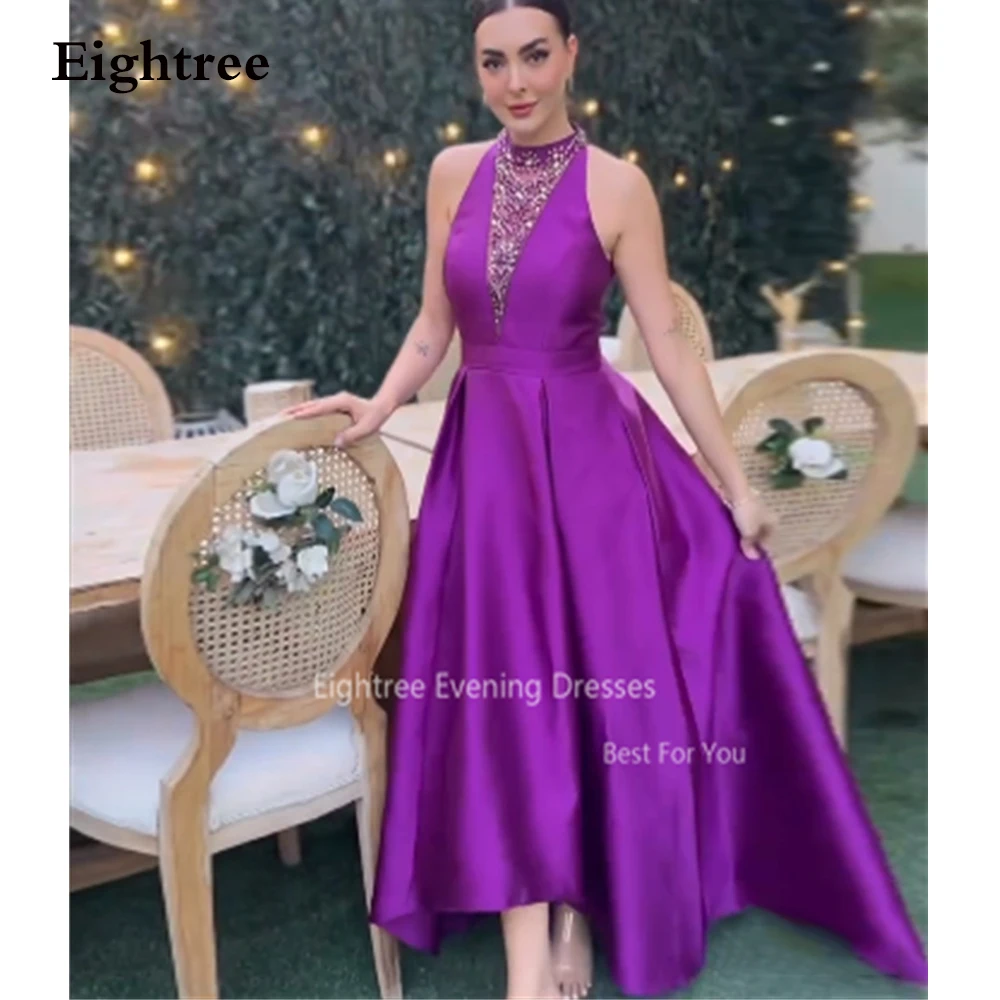 Eightree Purple Arabic Evening Dresses A-Line Beaded Satin Wear Fuchsia Pageant Prom Party Gowns vestidos de noche فساتين السهرة