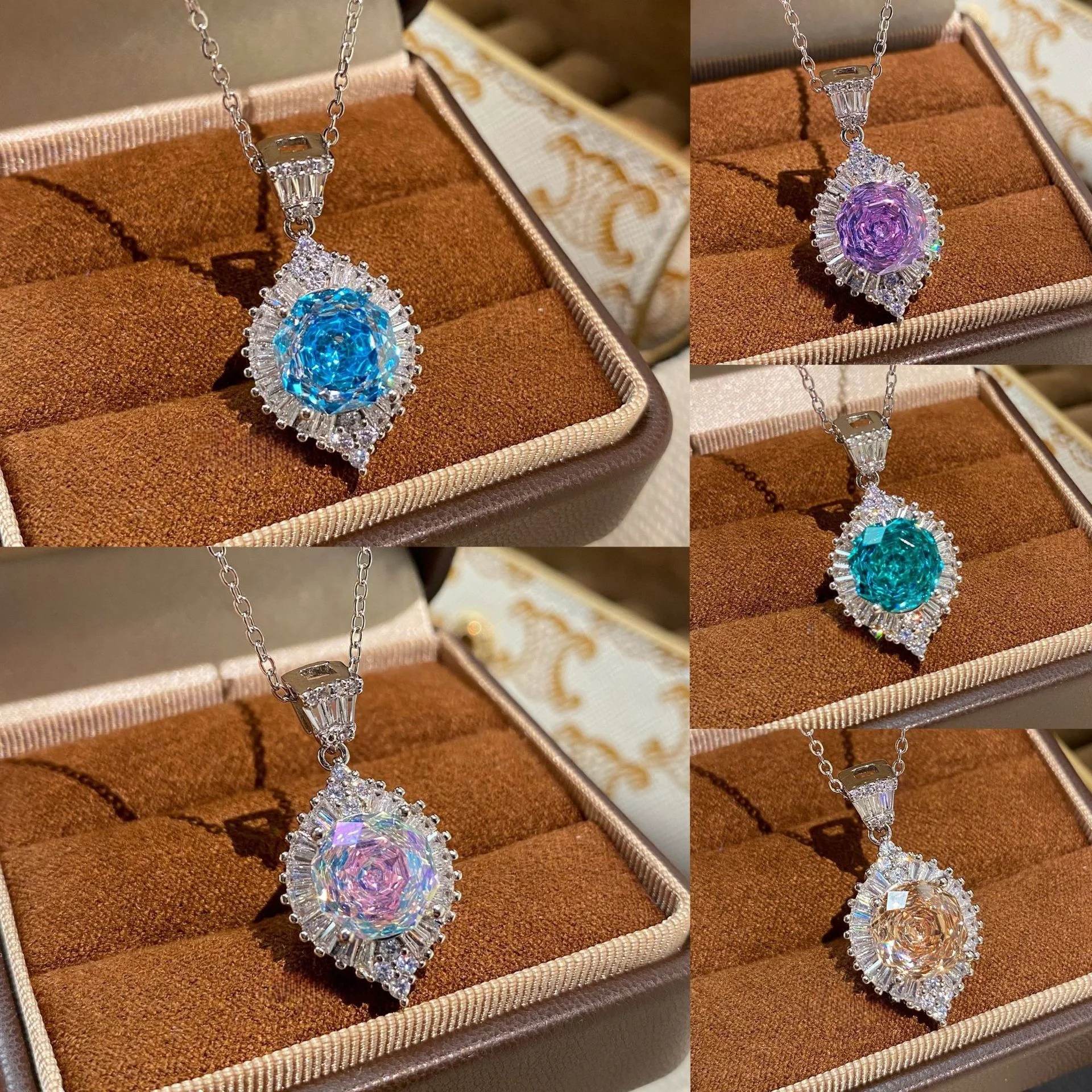 925 Sterling Silver Light Luxury Fashion Octagonal Millennium Rose Cut Ice Pendant Full Diamond Clavicle Chain for Women