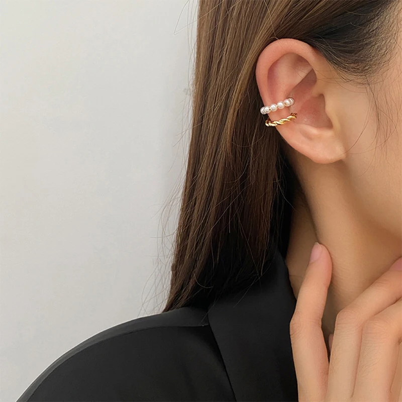 Elegant Imitation Pearl Ear Clip Fashion Twist Metal Geometric Earrings For Women Party Wedding Exquisite Ear Jewelry Gifts