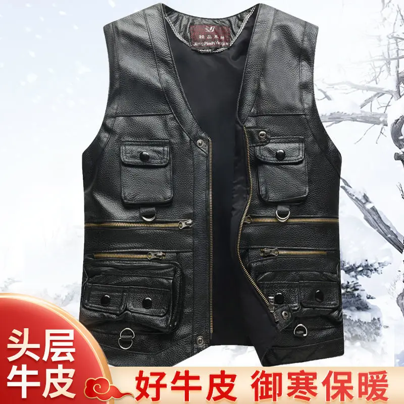 Men\'s Genuine Leather Vest  Keep Warm In Autumn and Winter Top Layer Cowhide Spring and Autumn Multiple Pockets Photography