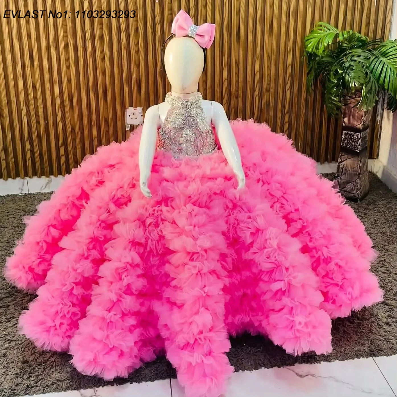 EVLAS Customized Pink Ball Gown Flower Girl Dress For Wedding Princess Crystal Ruffles Tiered Kids Birthday Party Gown TFD179