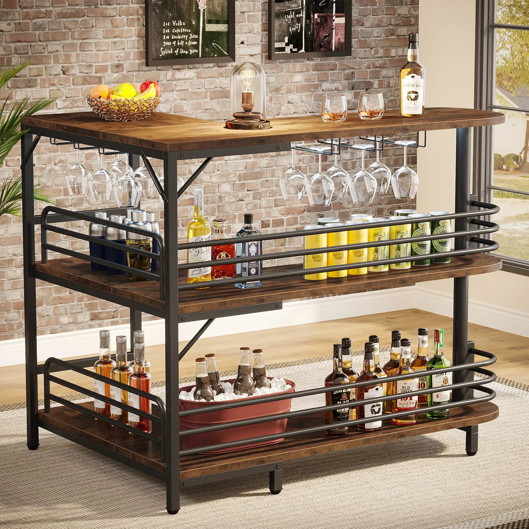 L-Shaped Home Bar Unit, 3 Tier Liquor Bar Table with Storage Shelves and Wine Glasses Holder