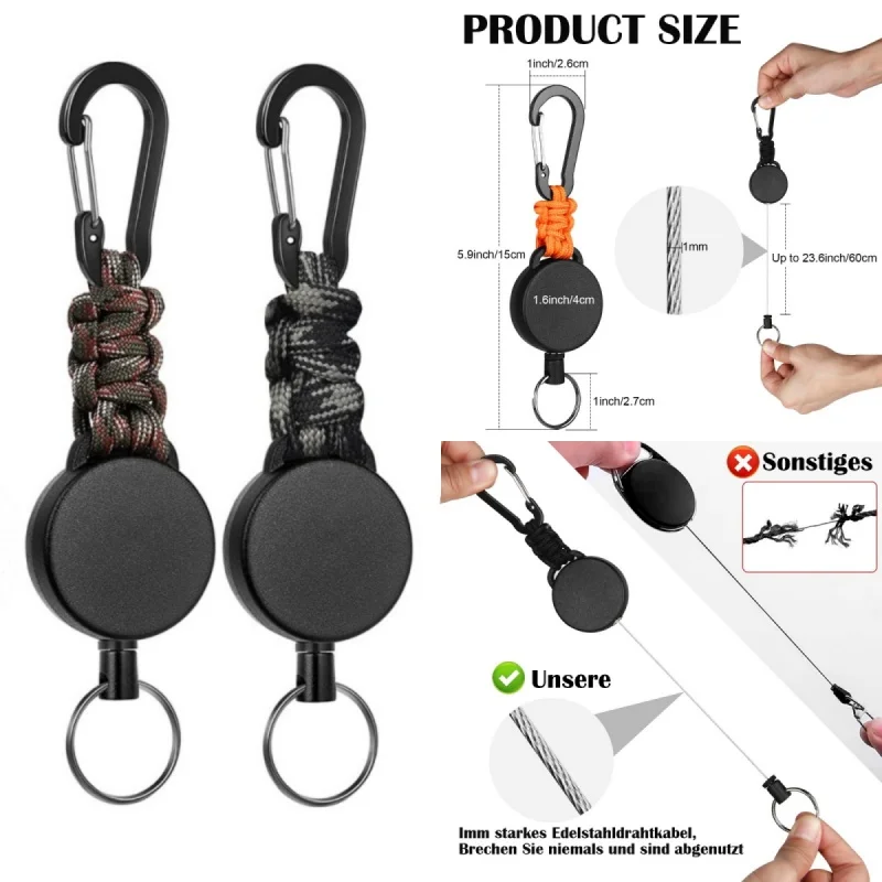 New Retractable Keychain Heavy Duty Carabiner Badge Holder Retractable Badge Reel ID Holder Steel Retractable Cord and Paracord