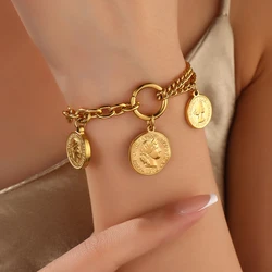 316L Stainless Steel Coin Pendant Bracelet For Women Fashion Gold Color Round Charms Chain Bracelets Jewelry