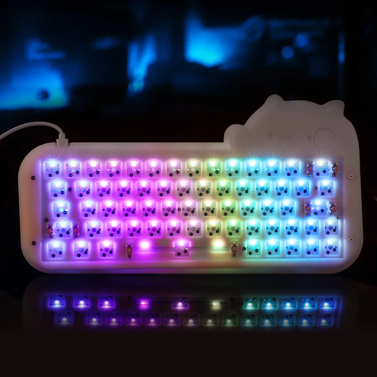 Cute Cat Wired Mechanical Keyboard DIY Kit 64 Keys Hot Swappable RGB Lighting Effects Custom Usb-C PCB Case for PC Gaming Laptop