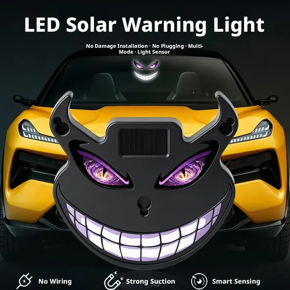 Solar Charging Devil Face LED Car Warning Light Waterproof Demon Smiling Lamp Auto Rear Atmosphere Decor Car Accessory