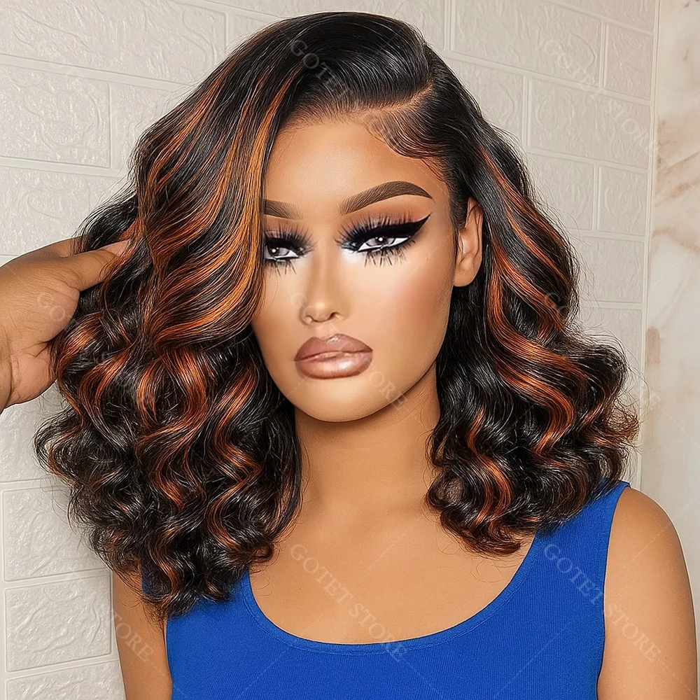 Peluca Bob corta ondulada 1B/30, peluca corta de cabello humano Frontal de encaje 13x4 con pelo de bebé, peluca Bob de pelo virgen brasileño