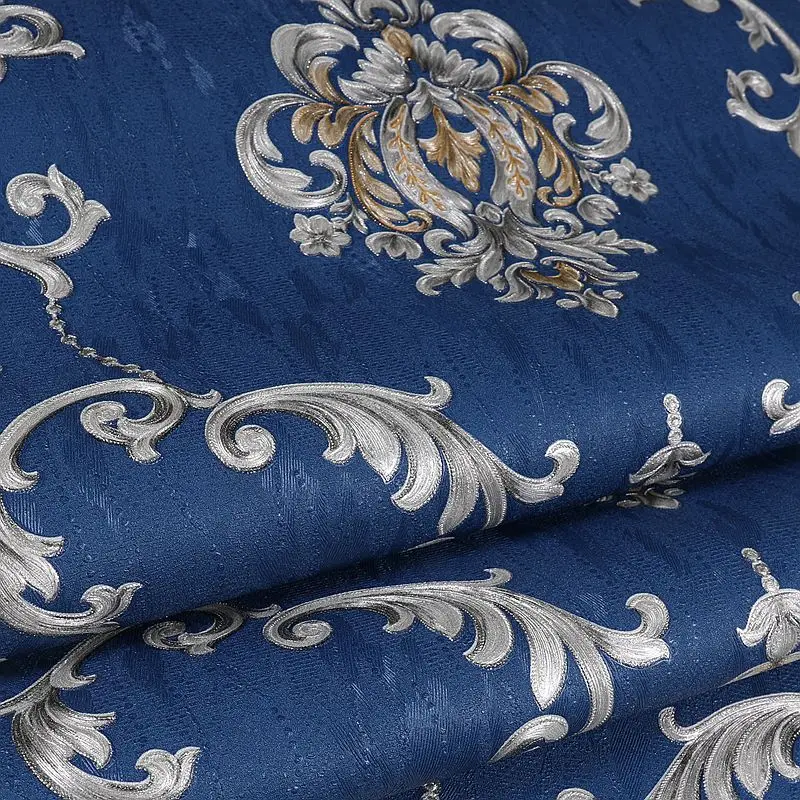European Style 3D Embossed Large Flower Deep Blue Wallpaper for Bedroom Living Room Dining Room Beauty Salon Hotel Store