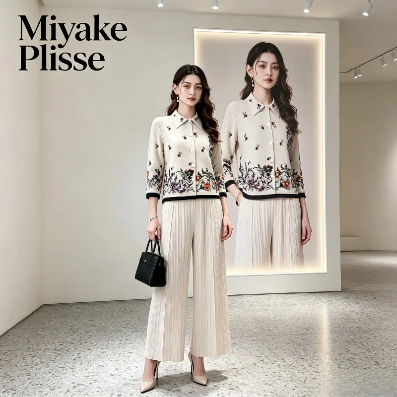 Miyake Pleated 2026 Autumn New Lace Decorated Jacquard Printed Chinese Style New Chinese Casual Buttoned Collar Top for Women