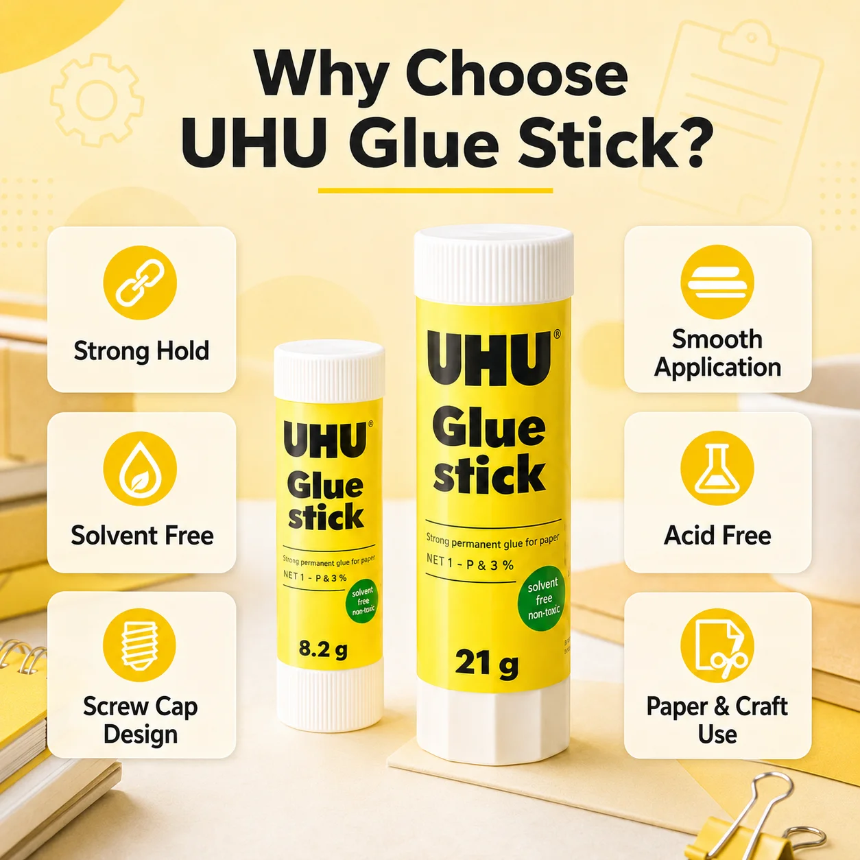 UHU Glue Stick 8.2g 21g Strong Adhesive Solid Glue No Mess School Office Craft Paper Glue Stick