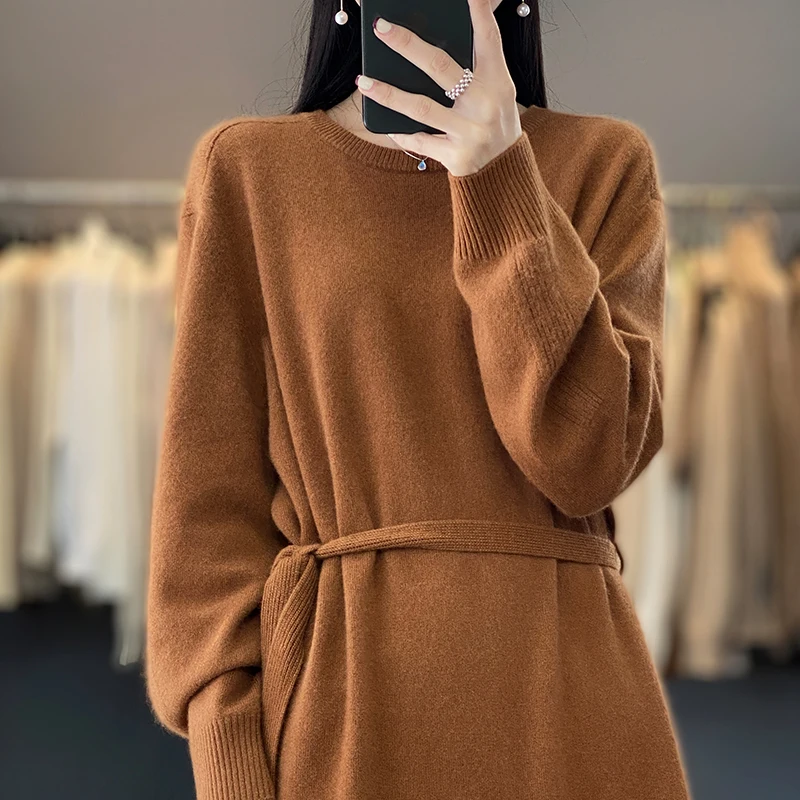 Autumn and Winter New Round Neck Pure Cashmere Knitted Winter Dress Women\'s Length Over The Knee Loose Cashmere Sweater Dress