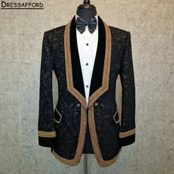 Black Jacquard Weave Men Suits Gold Edge Two Pieces Evening Party Blazer Groom Wear ( Jacket + Pants )