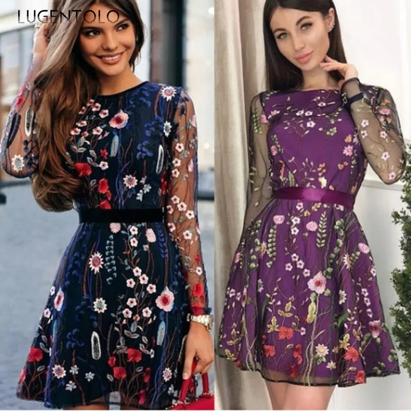 

Women Sexy Embroidery Dress Bohemia Perspective Mesh Long Sleeve Spring Summer Lady New Fashion O-neck Mini Dress Lugentolo