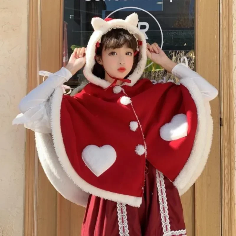 MAGOGO Autumn Winter Christmas Cute Short Red Cape Lolita Kawaii Fleece-lined Thickened Cat Ears Hooded Cloak Sweet Overcoats