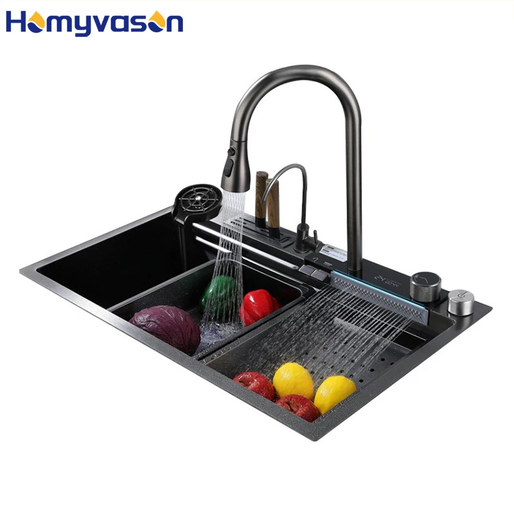 Modern 304 Stainless Steel Multifunction Sink Undermount Smart Led Digital Black Smart European Waterfall Rainfal Kitchen Sink