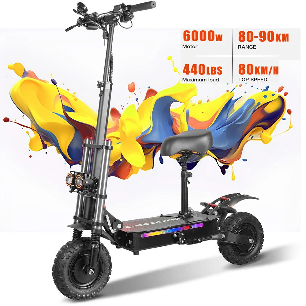 50Mph Fast Electric Scooter with Seat for Adults Load 440lbs 6000W Powerful Dual Motor Hydraulic Suspension Electric Scooter