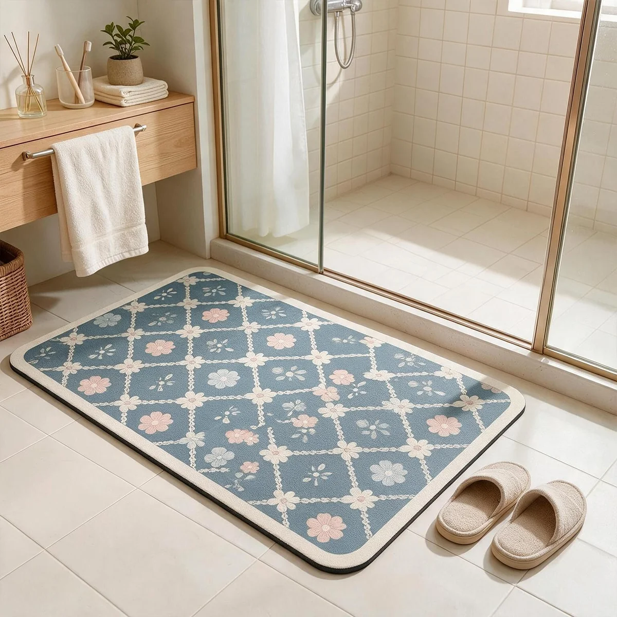 Tappetino da bagno quadrato in fango di diatomee, assorbente e antiscivolo, con retro in gomma, ideale per il bagno e l’ingresso.