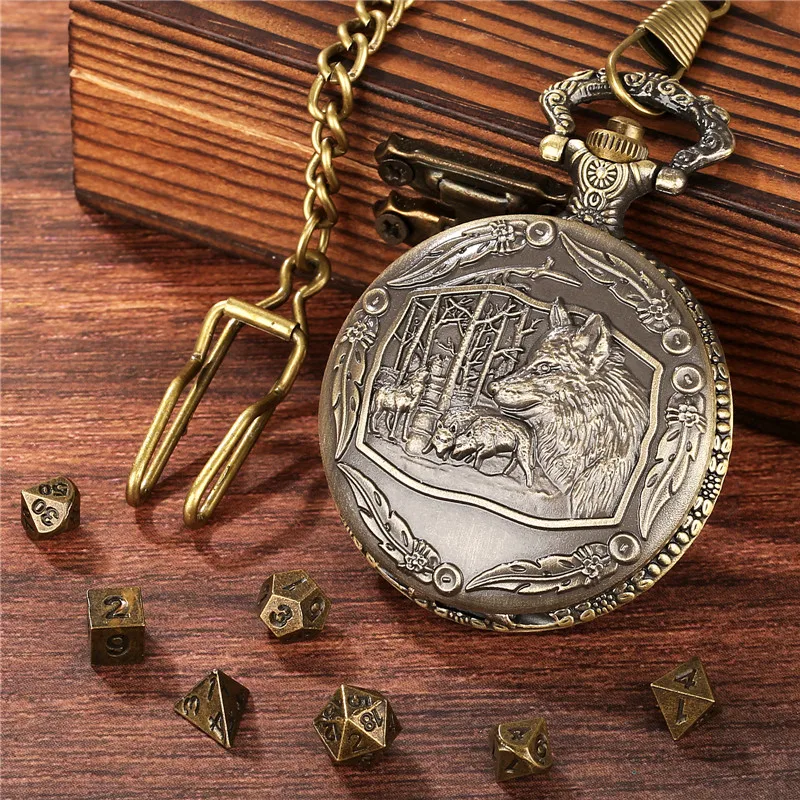 Antique Carved Wolf Pocket Watch Case with Pendant Chain 7pcs/set Metal Dice Role Play Entertainment Gaming Dices