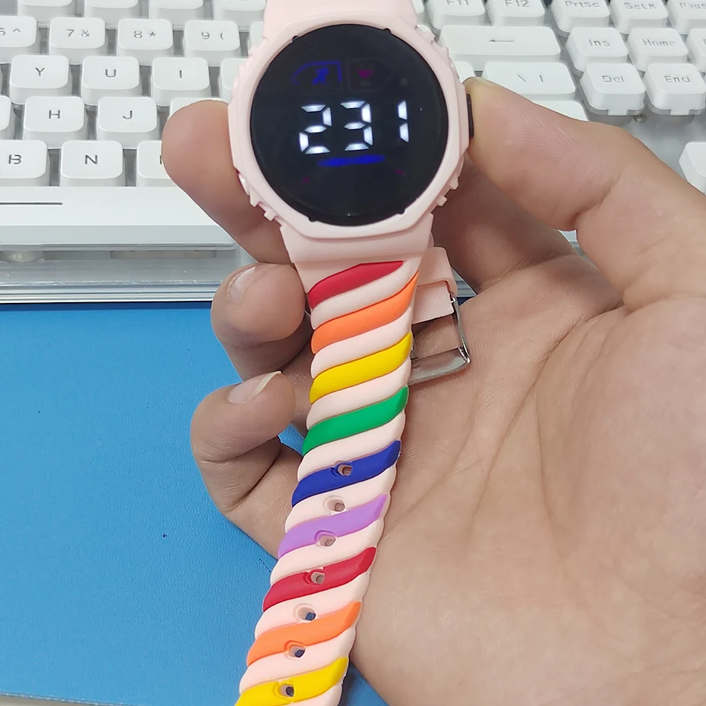 LED デジタル子供キッズウォッチ腕時計少年少女防水シリコーンレインボー子供学生スポーツ電子時計