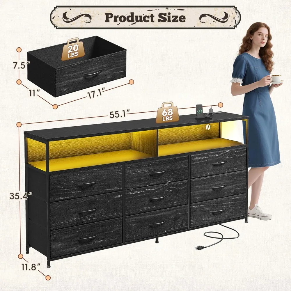 خزانة غرفة نوم 55 وات مع 9 أدراج، حامل تلفزيون LED مع منافذ طاقة لأجهزة التلفاز مقاس 45-65 بوصة، خزانة ذات أدراج طويلة متينة