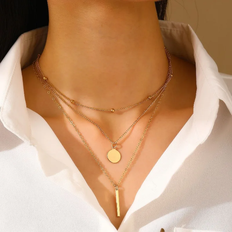 

Foreign Trade Hot Jewelry New Alloy Bead Chain Sequin Metal Strip Necklace Multi-layer Round Piece 1 Word Necklace Choker