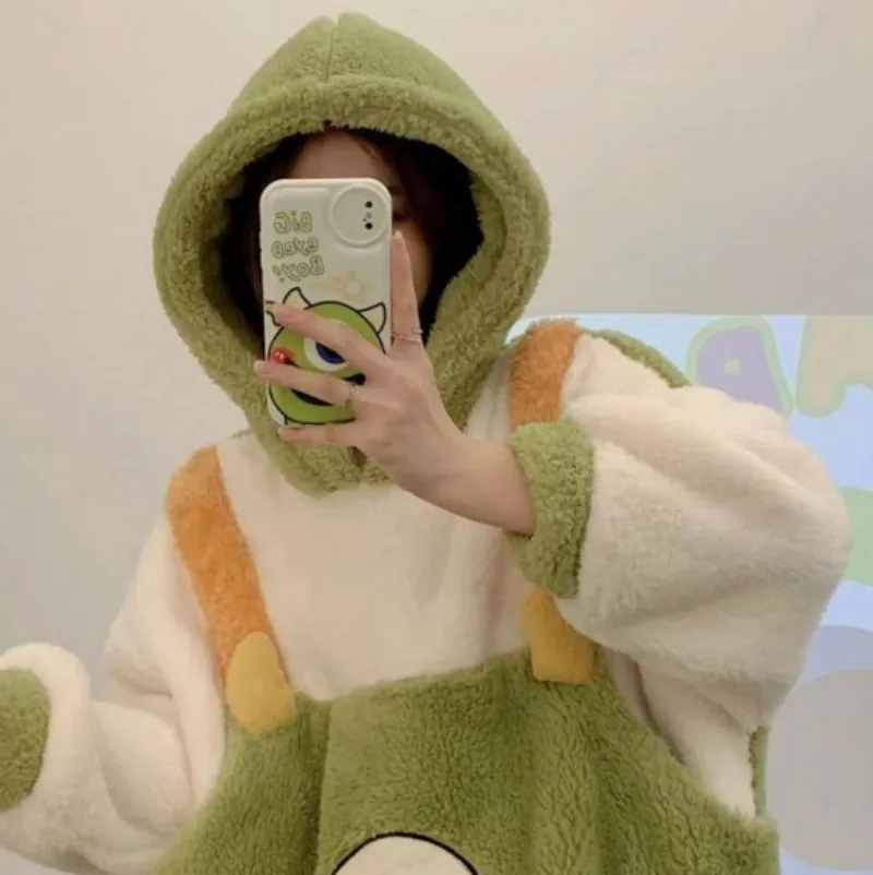 Lady\'s Winter Cartoon Animal Strap Jumpsuit Polyester Warm Comfortable One Piece Loose Cosplay Pajamas With A Hat
