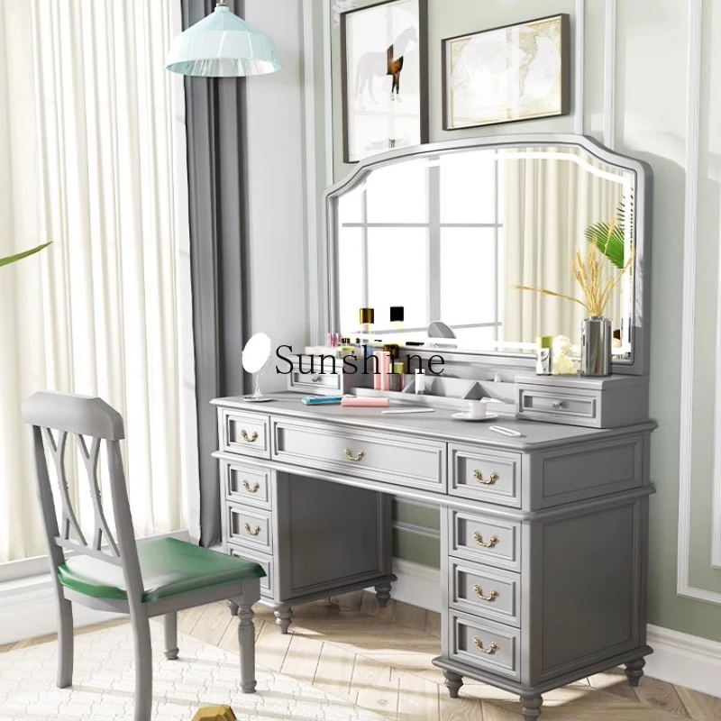 

All solid wood American dresser bedroom premium gray large capacity light luxury smart with lamp, mirror