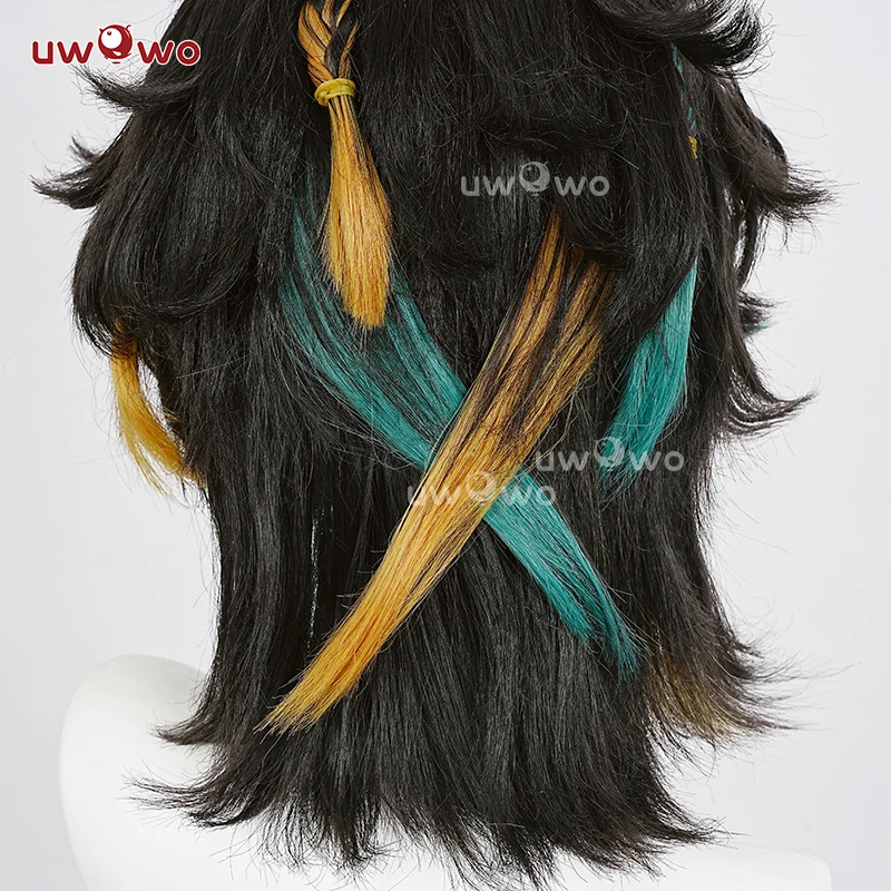 UWOWO Kinich Wig Game Genshin Impact Kinich Cosplay Wig Black highlight yellow green Hair Short Hair Halloween Wig