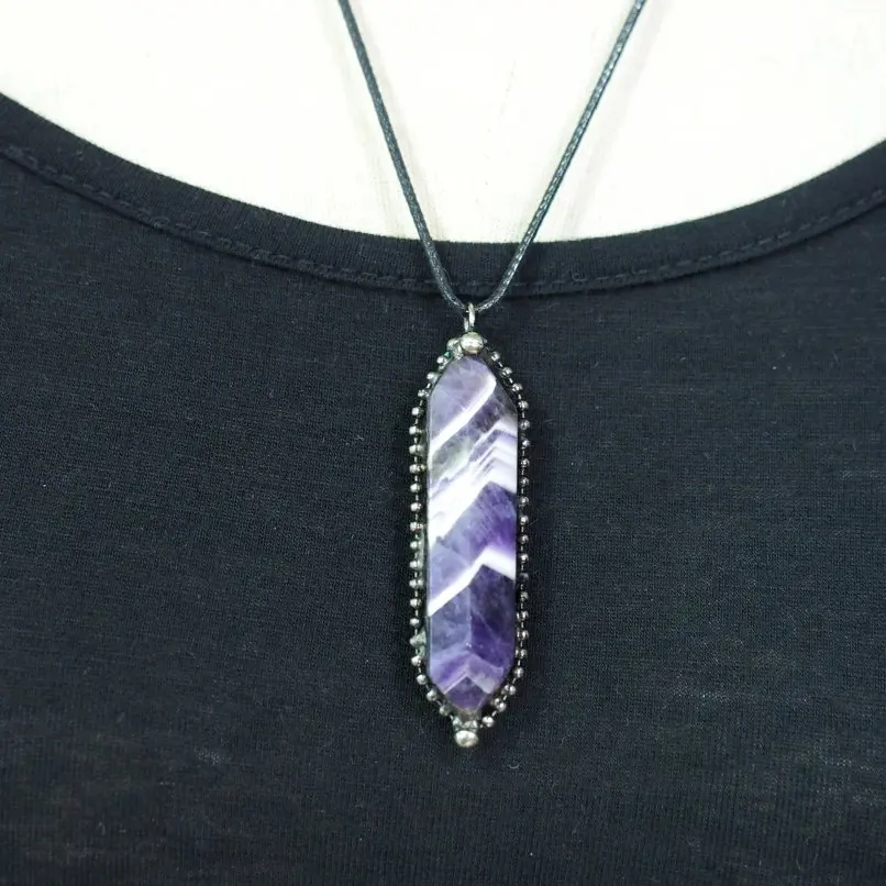 1Pcs Double Terminated Hexagon Irregular Point Soldered Necklace Leather Rope Dog Tooth Amethyst Jewelry