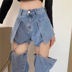 Designer's Thin Detachable Jeans New Women's Lock Up Splicing High Waist Straight Leg Pants Sexy Spicy Girl Hollow Out Trousers