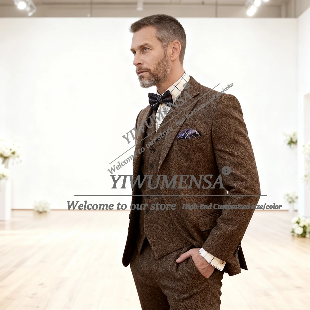 

Деловые костюмы с узором «елочка», мужские комплекты из 3 предметов, мужской банкетный наряд, однобортный пиджак, индивидуальные смокинги для жениха, официальных вечеринок