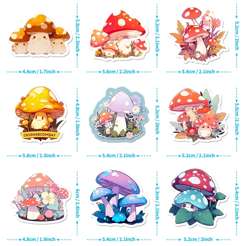 Desenhos animados Color Mushroom PVC Sticker, Decoração Estética Infantil, Papelaria Scrapbooking, Material Escolar para Crianças, 10 Pcs, 30 Pcs,